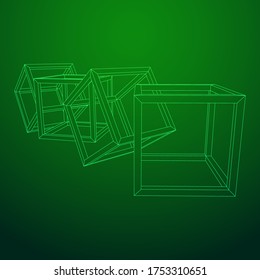 Blockchain cube chain. Square big data flow information. Wireframe low poly mesh vector illustration.