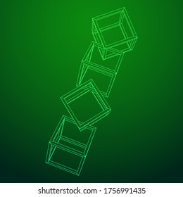 Blockchain cube chain. Square big data flow information. Wireframe low poly mesh vector illustration.