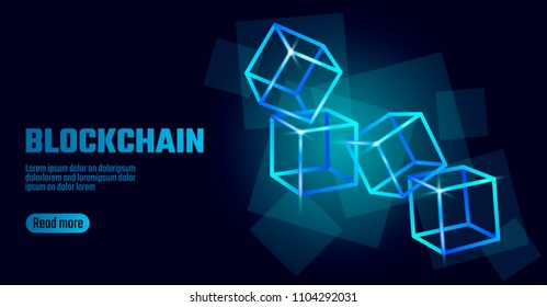Blockchain cube chain symbol on square code big data flow information. Blue neon glowing modern trend. Cryptocurrency finance bitcoin business concept vector illustration background template