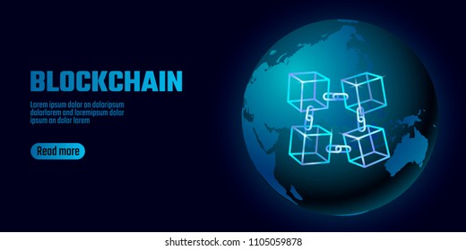 Blockchain cube chain symbol on square code big data flow information. Blue neon glowing planet Earth globe. Cryptocurrency finance bitcoin business concept vector illustration background template