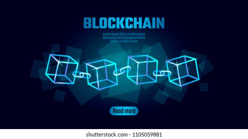 Blockchain Würfel Symbol auf quadratischem Code Big Data Flow Informationen. Blauer Neon strahlt modernen Trend. Kryptowährungs-Finanzbitcogeschäft-Konzept Vektorgrafik-Hintergrund-Vorlage