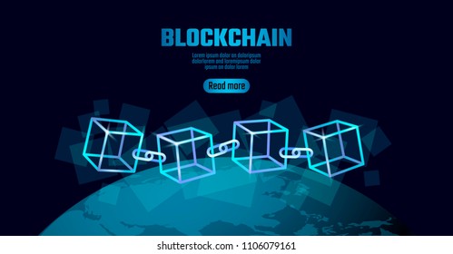 Blockchain cube chain symbol on square code big data flow information. Blue neon glowing planet Earth globe. Cryptocurrency finance bitcoin business concept vector illustration background template