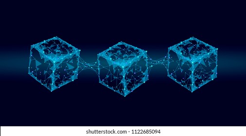 Blockchain cube chain symbol on square code big data flow information. Blue neon glowing modern trend. Cryptocurrency finance bitcoin business concept vector illustration background template