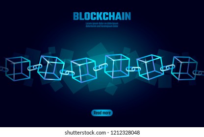 Blockchain cube chain symbol on square code big data flow information. Blue neon glowing modern trend. Cryptocurrency finance bitcoin business concept vector illustration background template