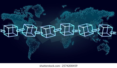 Blockchain cube chain symbol square code. Big data international flow. Blue neon glowing planet Earth map. Cryptocurrency finance bitcoin business concept vector illustration template