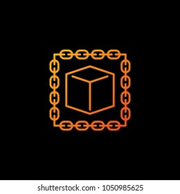 Blockchain with cube outline vector orange icon or design element on dark background