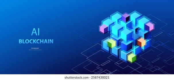 Blockchain cubes banner. Connected cube blocks. Ai data technology background. Cryptocurrency network vector.