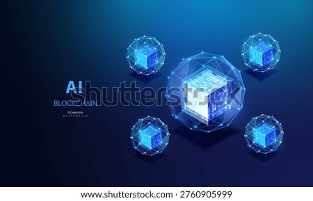 Blockchain cubes inside wireframe sphere in glowing blue tones. Cybersecurity and digital blocks connecting infrastructure. Ai net technology big data isometric vector concept.