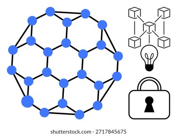 Blockchain, cybersecurity, innovation, network security, decentralized systems, technology solutions. A blue node network, a blockchain diagram lightbulb and lock. Blockchain and cybersecurity - Powered by Shutterstock - Get 15% off with code: PIKWIZARD15