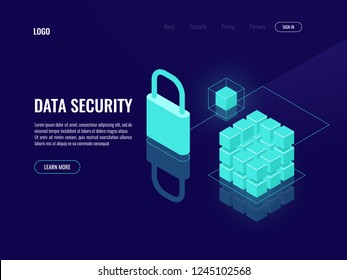 Blockchain Data Security, Access Token, Shield Protection Isometric Icon, Denied Access Electronic Key Lock Dark Neon Vector