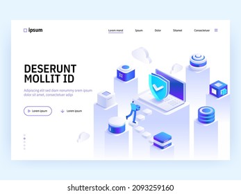 Blockchain data security Shield protection isometric icon Access token Online server protection system concept with data center Secure bank transaction with password verification via internet Vector 