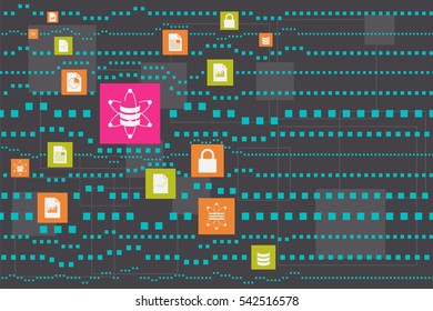Blockchain and database concept. The block of colorful data floating across.