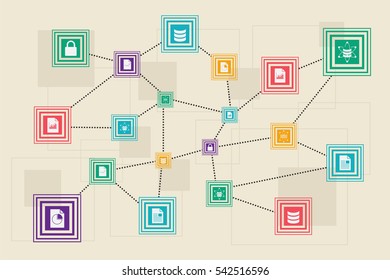 Blockchain and database concept. The block of data linking and communicate to each others.