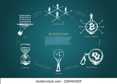 Blockchain, decentralized, crypto currency, transactions, timestamp, data vector set