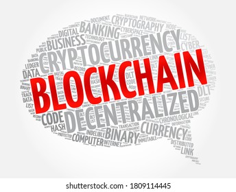 Blockchain is a decentralized digital ledger technology used to record transactions across multiple computers, word cloud concept background