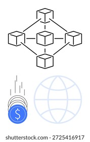 Blockchain, sistemas descentralizados, transações globais, moeda digital, tecnologia financeira, redes peer-to-peer. Diagrama com cubos, moedas e um globo interligados. Blockchain e global