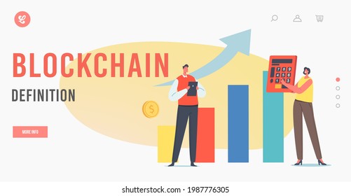 Blockchain Definition Landing Page Template. DeFi, Decentralized Finance, Investment Growth. Tiny Businesspeople Characters near Huge Growing Statistics Data Chart. Cartoon People Vector Illustration