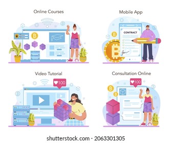 Blockchain developer online service or platform set. Blockchain-based applications building and implementing. Online course, consultation, video tutorial, mobile app. Flat vector illustration