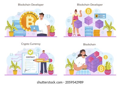 Blockchain developer set. Blockchain-based applications building and implementing for businesses. Cryptocurrency mining technology. Modern virtual currency transaction. Flat vector illustration