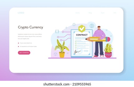 Blockchain developer web banner or landing page. Blockchain-based applications building and implementing for businesses. Cryptocurrency mining technology. Flat vector illustration