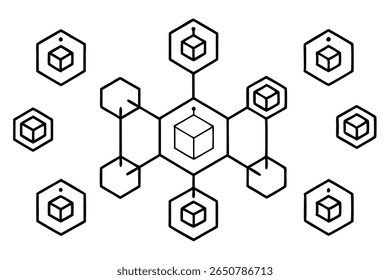 blockchain diagram line art secure transaction process technology system.