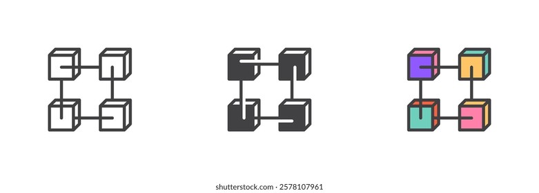 Blockchain different style icon set. Line, glyph and filled outline colorful version, outline and filled vector sign. Blockchain symbol, logo illustration. Vector graphics