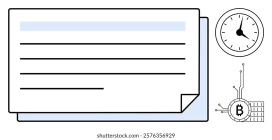 Blockchain digital document with lines for text, clock indicating time management, Bitcoin symbol with circuit. Ideal for fintech, documentation, time management, blockchain technology