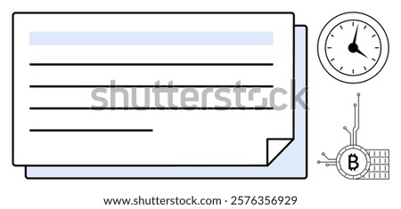 Blockchain digital document with lines for text, clock indicating time management, Bitcoin symbol with circuit. Ideal for fintech, documentation, time management, blockchain technology