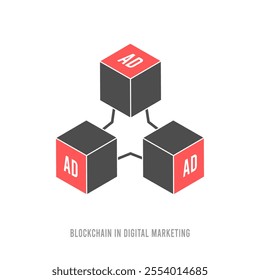 Blockchain in Digital Marketing. Use blockchain technology to increase transparency and security in digital ad transactions. Blockchain icons, secure transactions and digital ad placements vector icon