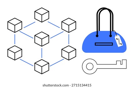 Blockchain, propiedad digital, autenticación de activos, seguimiento de inventario, prevención de fraudes, seguridad de comercio electrónico. Bloques vinculados, bolso de lujo y llave. Blockchain y conocimientos de propiedad digital