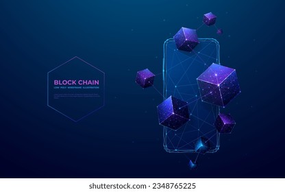 Tecnología digital Blockchain. Resumen de bloques 3D vinculados en el fondo de un smartphone azul tecnológico. Futurista concepto de criptodivisa o metaverso de marco de alambre de popa bajo. Cubos poligonales y teléfono.