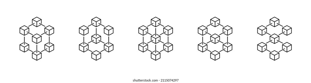 Tecnología digital Blockchain. Conjunto de iconos de línea de cadena de bloqueo. Iconos de datos binarios de Blockchain. Estructura de datos digitales. Concepto de vector. Sistema de base de datos. Gráfico vectorial. EPS 10