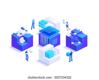 Blockchain ecosystem and digital asset exchange. Cryptocurrency and digital money technology, mining, crypto business and investment concept. Vector character illustration isolated on white background - Shutterstock ID 2037234332