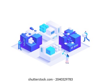 Blockchain ecosystem and digital asset exchange. People making crypto business using cryptocurrency technology, mining digital money. Vector character illustration isolated on white background