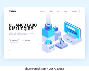 Blockchain Ecosystem and Digital Asset Exchange concept landing page. Man works at bitcoin mining farm, invest money, profit growth. Vector illustration of people isometry scene for web banner design
