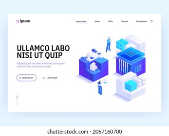 Blockchain Ecosystem and Digital Asset Exchange concept landing page. Bitcoin mining process, cryptocurrency trading and investment. Vector illustration of people isometry scene for web banner design