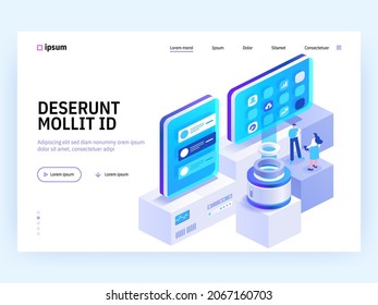 Blockchain Ecosystem and Digital Asset Exchange concept landing page. Financial analysis at displays, cryptocurrency mining business. Vector illustration of people isometry scene for web banner design