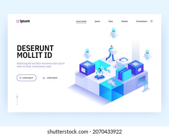 Blockchain Ecosystem and Digital Asset Exchange concept landing page. Crypto mining farm, online computing server and earning money. Vector illustration of people isometry scene for web banner design