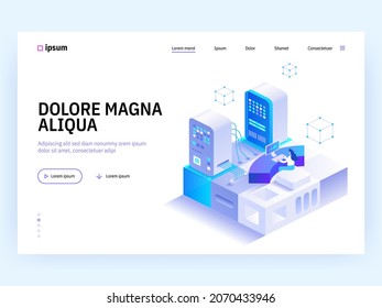 Blockchain Ecosystem and Digital Asset Exchange concept landing page. Server racks room for cryptocurrency mining, earning bitcoins. Vector illustration of people isometry scene for web banner design