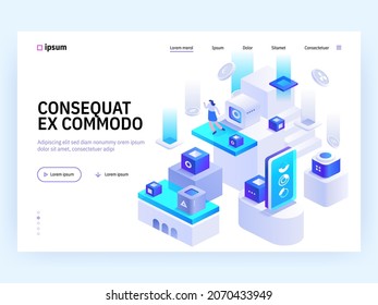 Blockchain Ecosystem and Digital Asset Exchange concept landing page. Cryptocurrency trading, woman earning coins at mining farm. Vector illustration of people isometry scene for web banner design