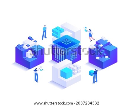 Blockchain ecosystem and digital asset exchange. Cryptocurrency and digital money technology, mining, crypto business and investment concept. Vector character illustration isolated on white background