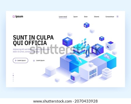 Blockchain Ecosystem and Digital Asset Exchange concept landing page. Earning cryptocurrency, mining bitcoin, cloud processing. Vector illustration of people isometry scene for web banner design