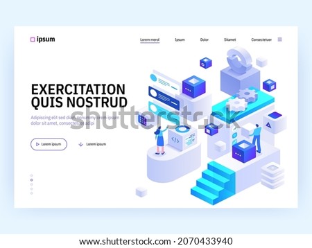 Blockchain Ecosystem and Digital Asset Exchange concept landing page. Cryptocurrency mining farm, data analysis, online payment. Vector illustration of people isometry scene for web banner design