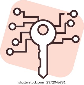 Blockchain e-key, illustration or icon, vector on white background.