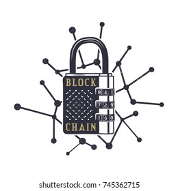 Blockchain emblem concept. Digital assets logo. Vintage hand drawn lock and block chain web. Monochrome design. Technology badge. Stock vector illustration isolated on white background.