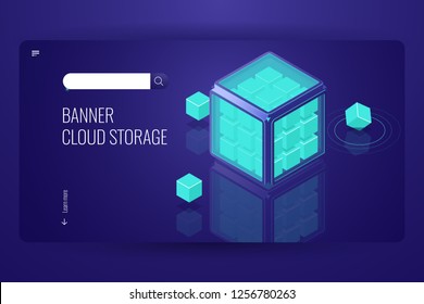 blockchain feature, security data cryptographic, info protection, technology cube, cloud database storage concept, dark violet vector