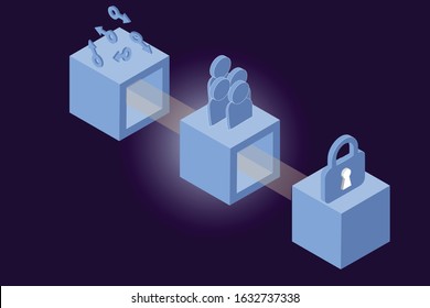 Blockchain features; decentralization, security and transparency. Vector illustration