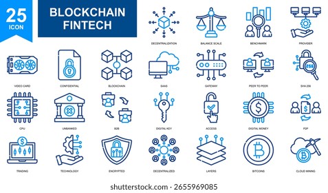 Blockchain Fintech y conjunto de iconos de criptomonedas colección. Vector de color de línea simple