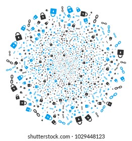 Blockchain fireworks sphere. Object pattern made from scattered blockchain design elements as festive spheric cluster. Vector illustration style is flat iconic symbols.