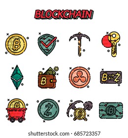 Blockchain flat icons set